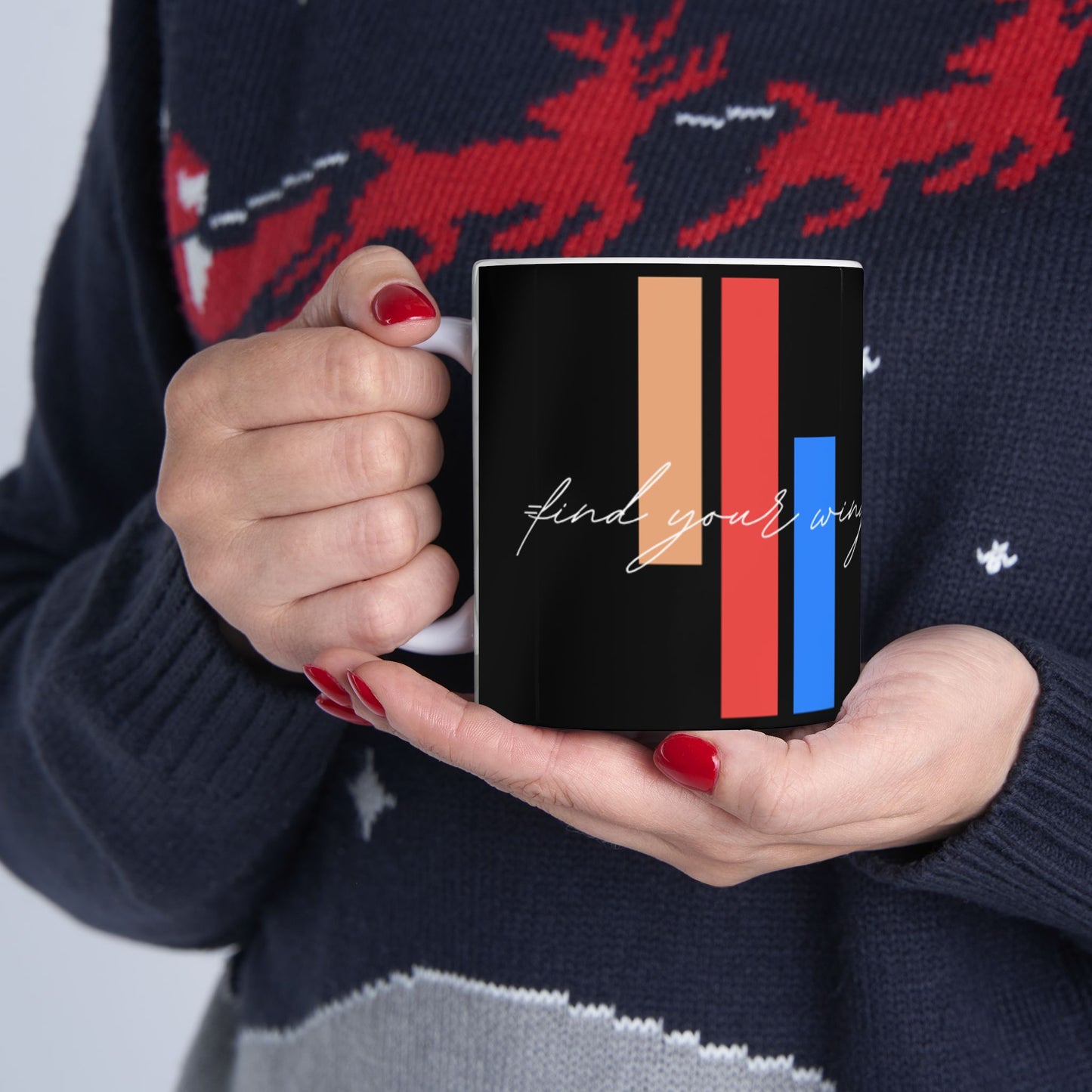 Minimalist Red & Blue Stripe mug | Script 'wings' on Black