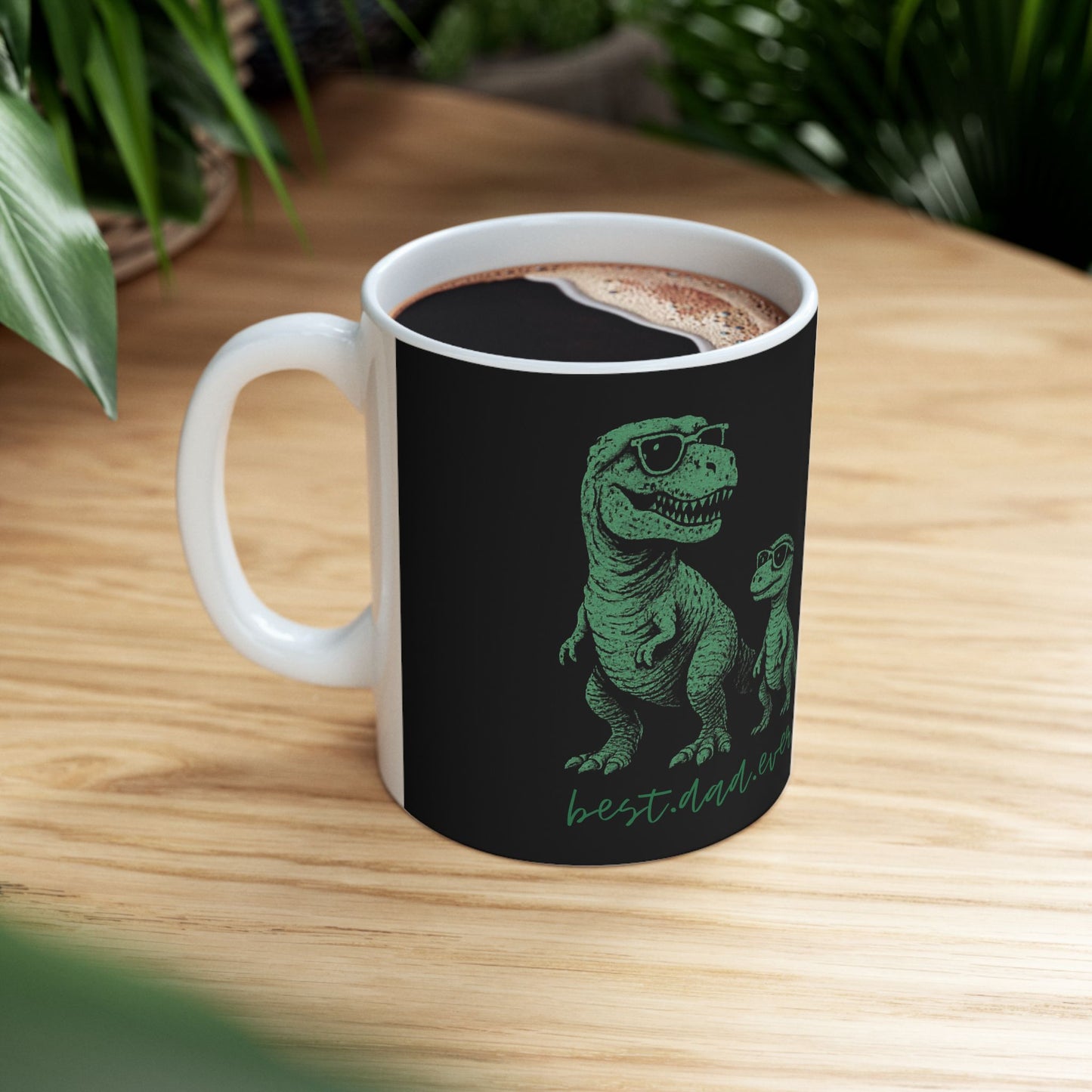 T-Rex Dad and Baby Dinosaur Ceramic Mug — "Best Dad Ever" Green Sketch Coffee Cup