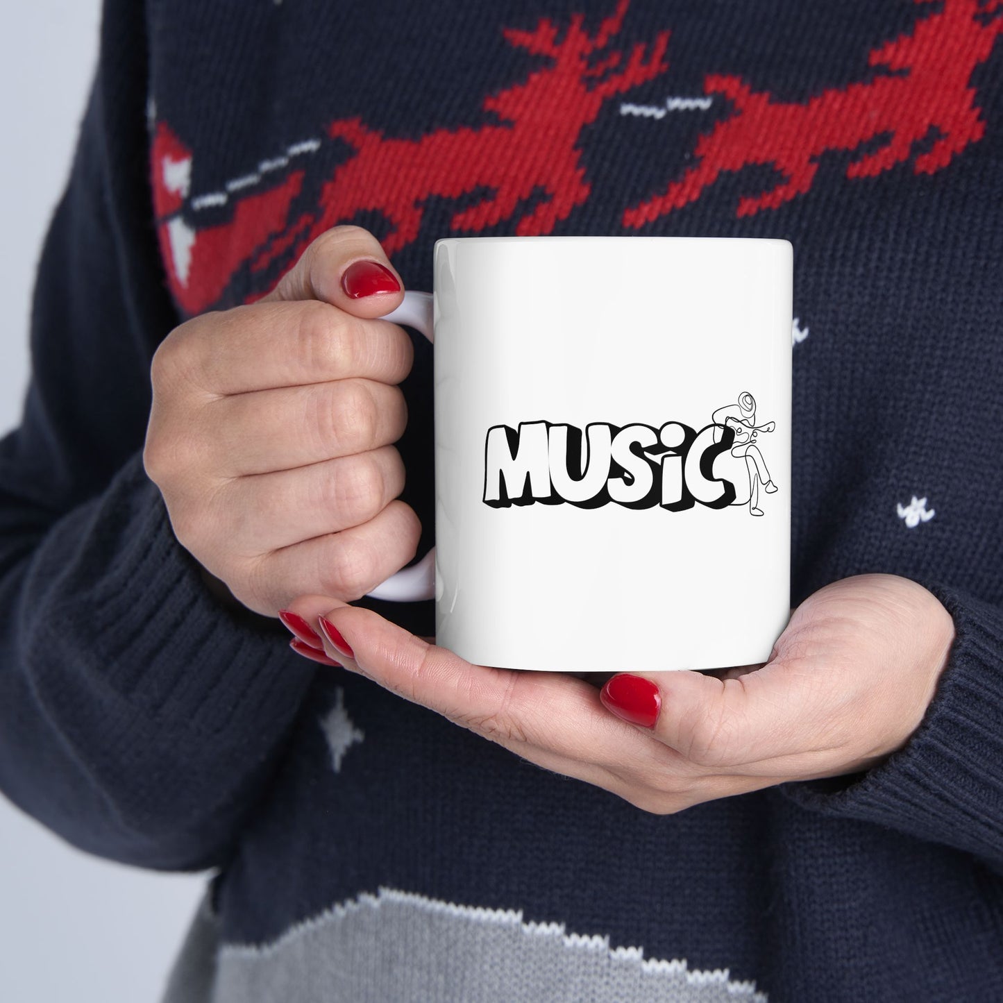 Music Lover Ceramic Mug — Retro 'Music' Graphic with Guitarist (11oz & 15oz)