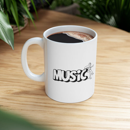 Music Lover Ceramic Mug — Retro 'Music' Graphic with Guitarist (11oz & 15oz)