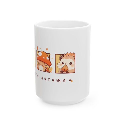 Autumn Hedgehog Ceramic Mug — Cute Fall Mushroom Tea Coffee Cup (11oz & 15oz)