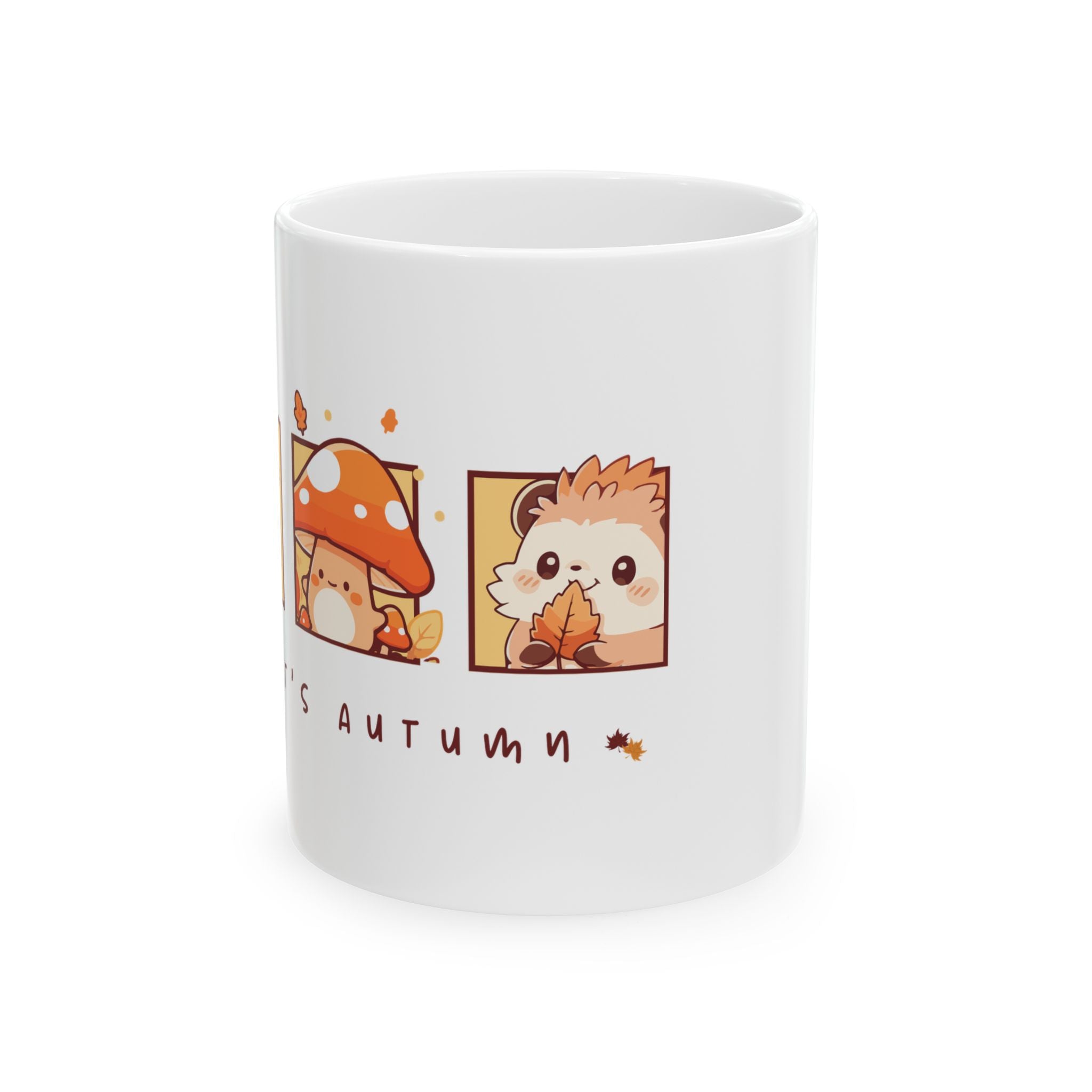 Autumn Hedgehog Ceramic Mug — Cute Fall Mushroom Tea Coffee Cup (11oz & 15oz)