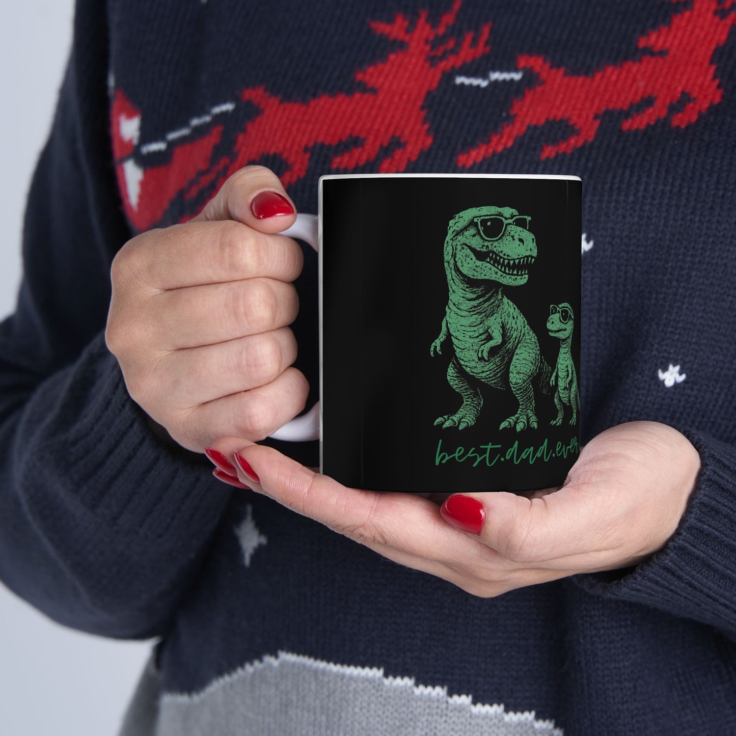 T-Rex Dad and Baby Dinosaur Ceramic Mug — "Best Dad Ever" Green Sketch Coffee Cup