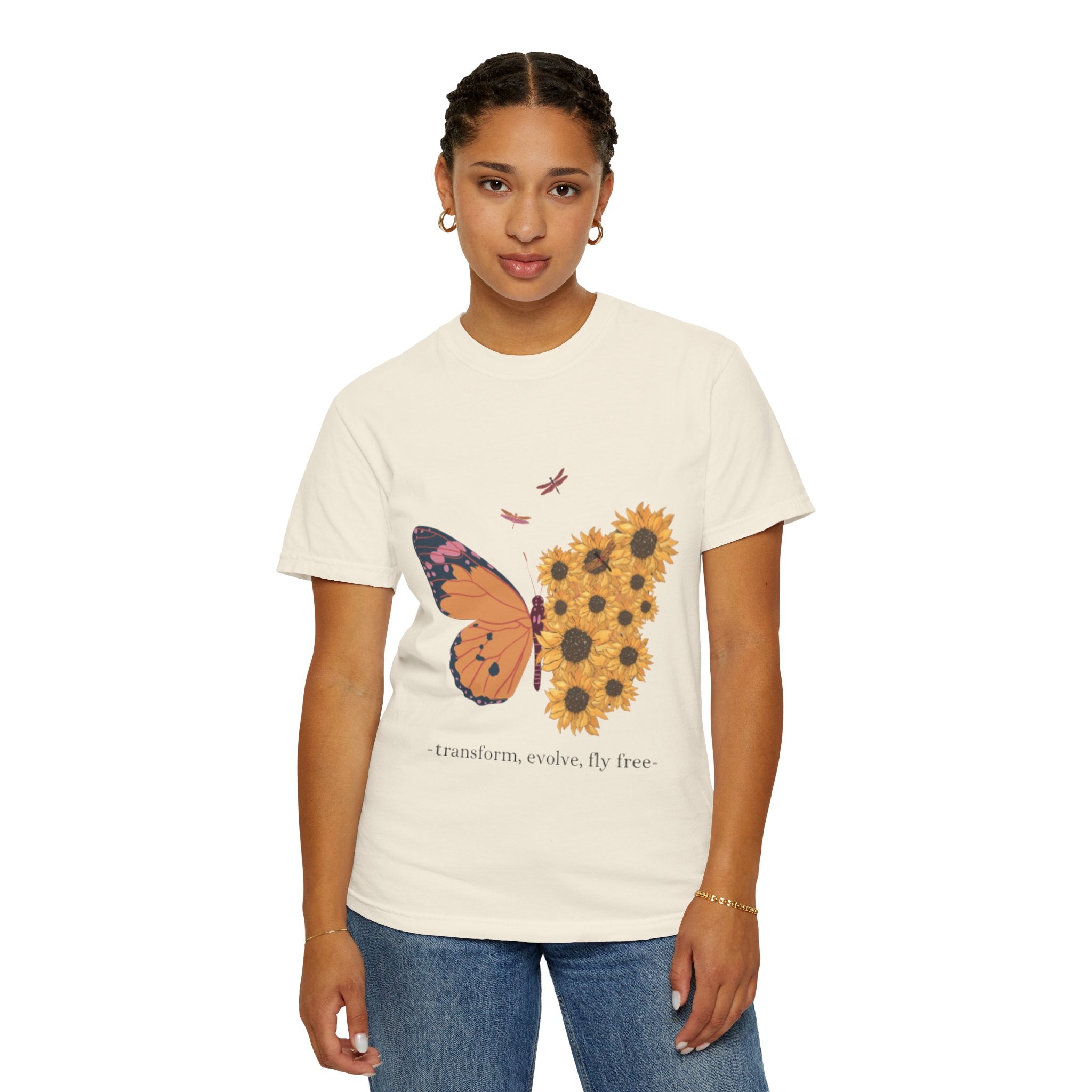 Butterfly & Sunflower T-Shirt — "transform, evolve, fly free" Inspirational Tee