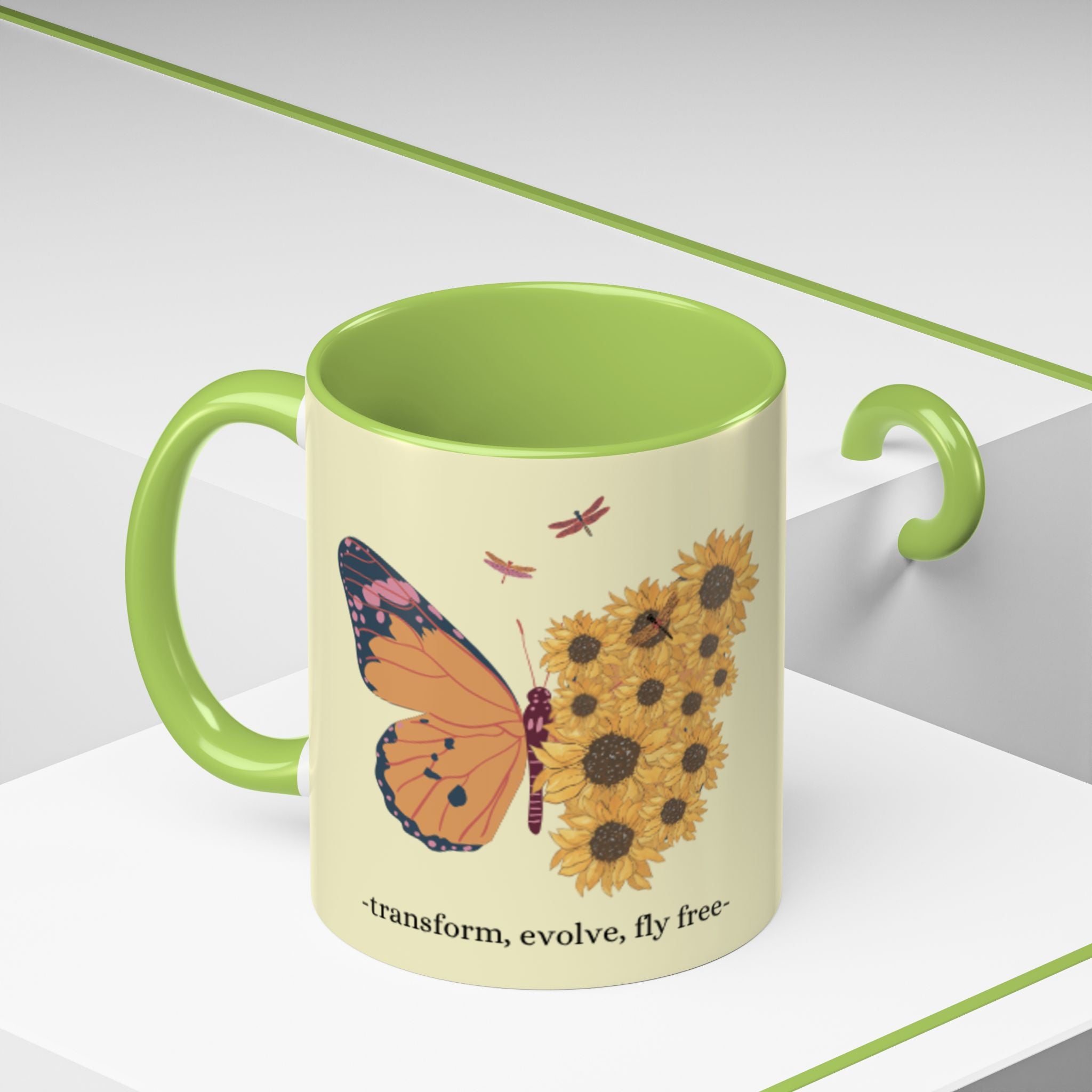 Sunflower Heart Coffee Mug — "Live Wild, Fly Free" Accent Ceramic Mug