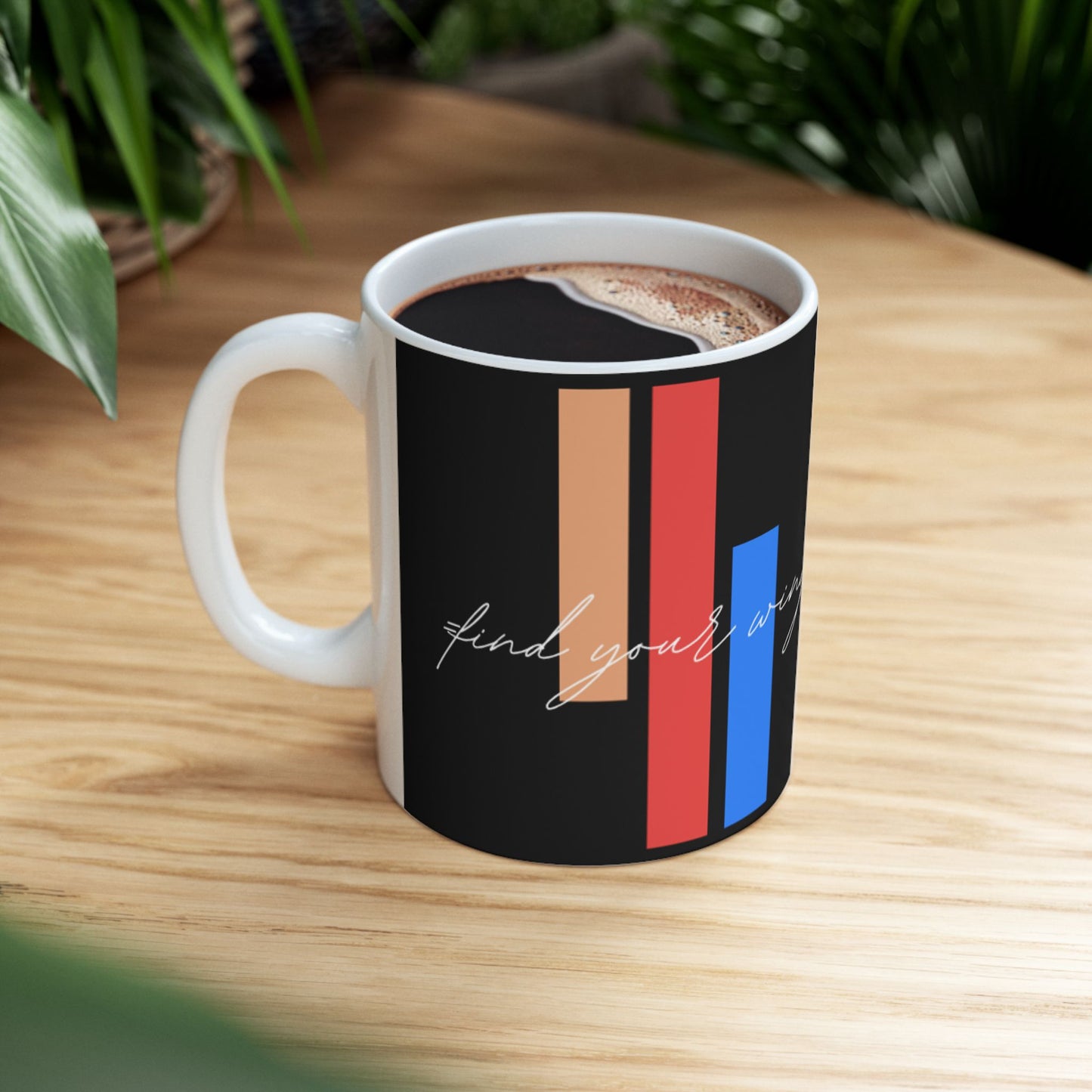Minimalist Red & Blue Stripe mug | Script 'wings' on Black