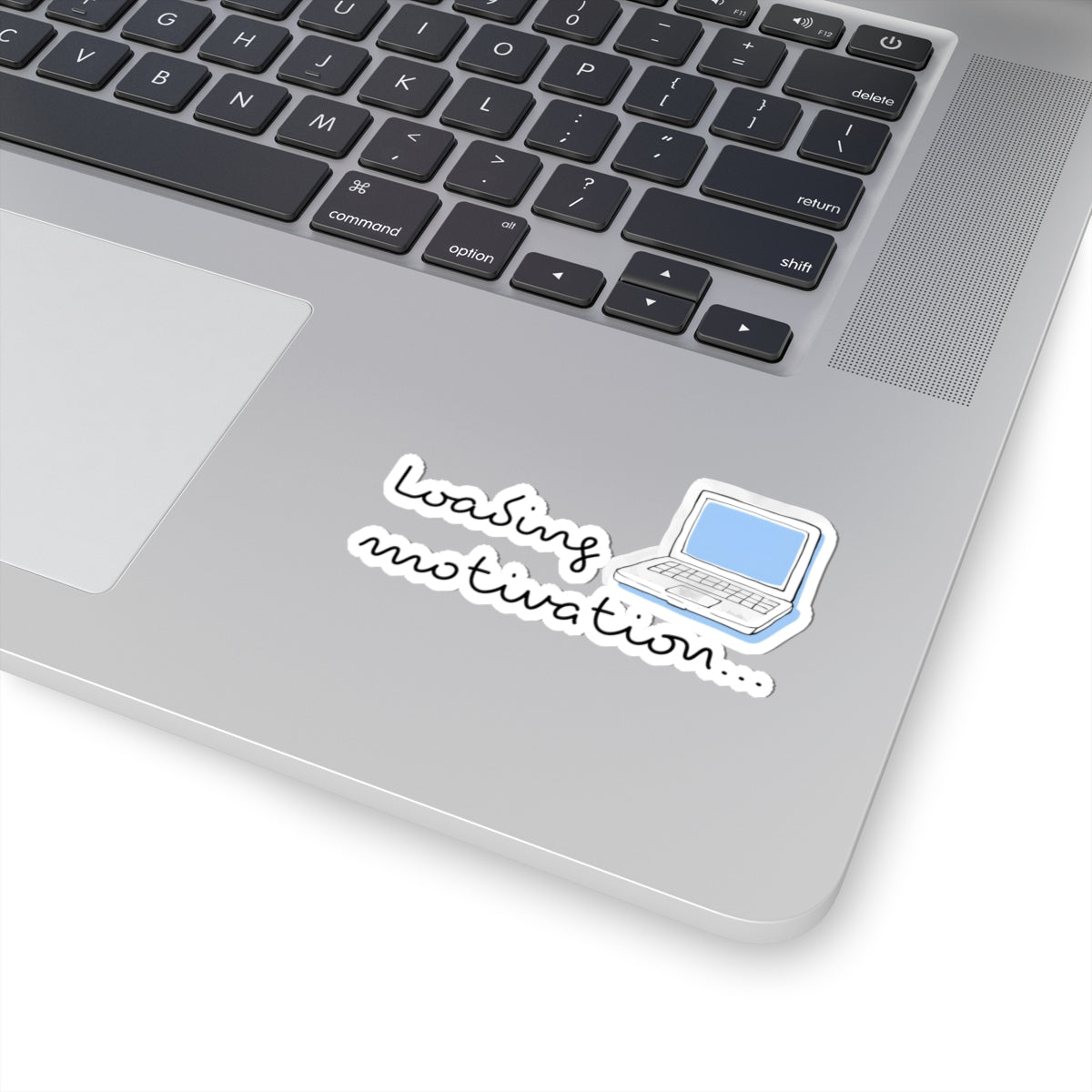 Sticker — 'Waiting Motivation...' Laptop Sticker (Cute Blue Retro Laptop)