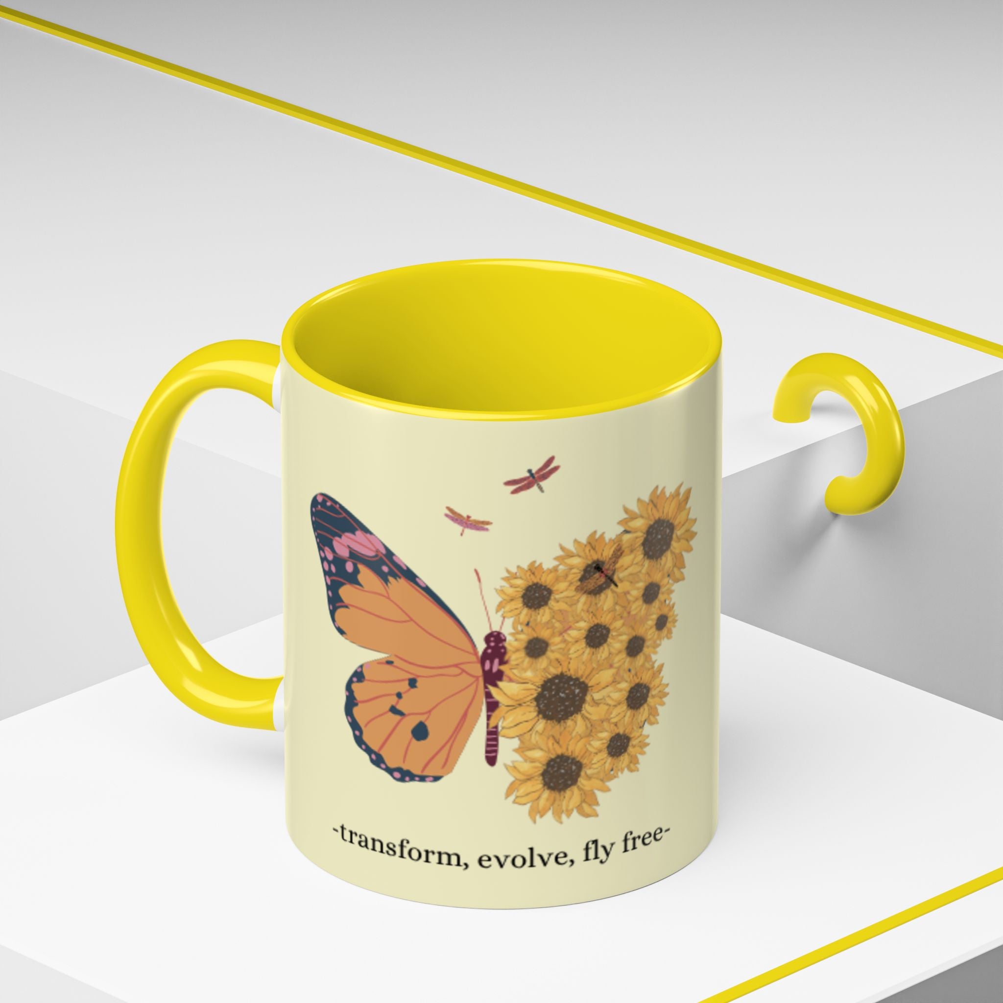 Sunflower Heart Coffee Mug — "Live Wild, Fly Free" Accent Ceramic Mug