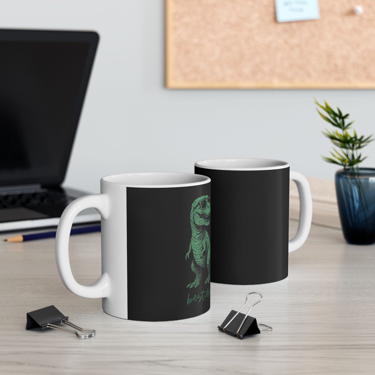 T-Rex Dad and Baby Dinosaur Ceramic Mug — "Best Dad Ever" Green Sketch Coffee Cup