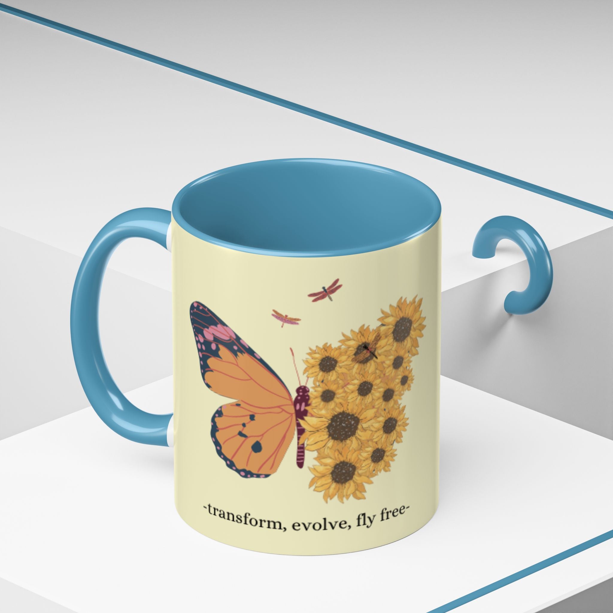 Sunflower Heart Coffee Mug — "Live Wild, Fly Free" Accent Ceramic Mug