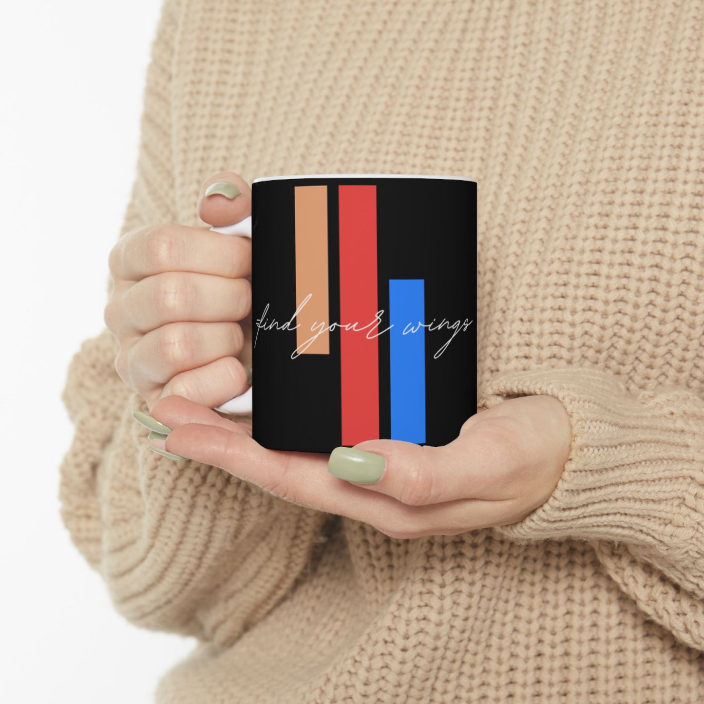 Minimalist Red & Blue Stripe mug | Script 'wings' on Black
