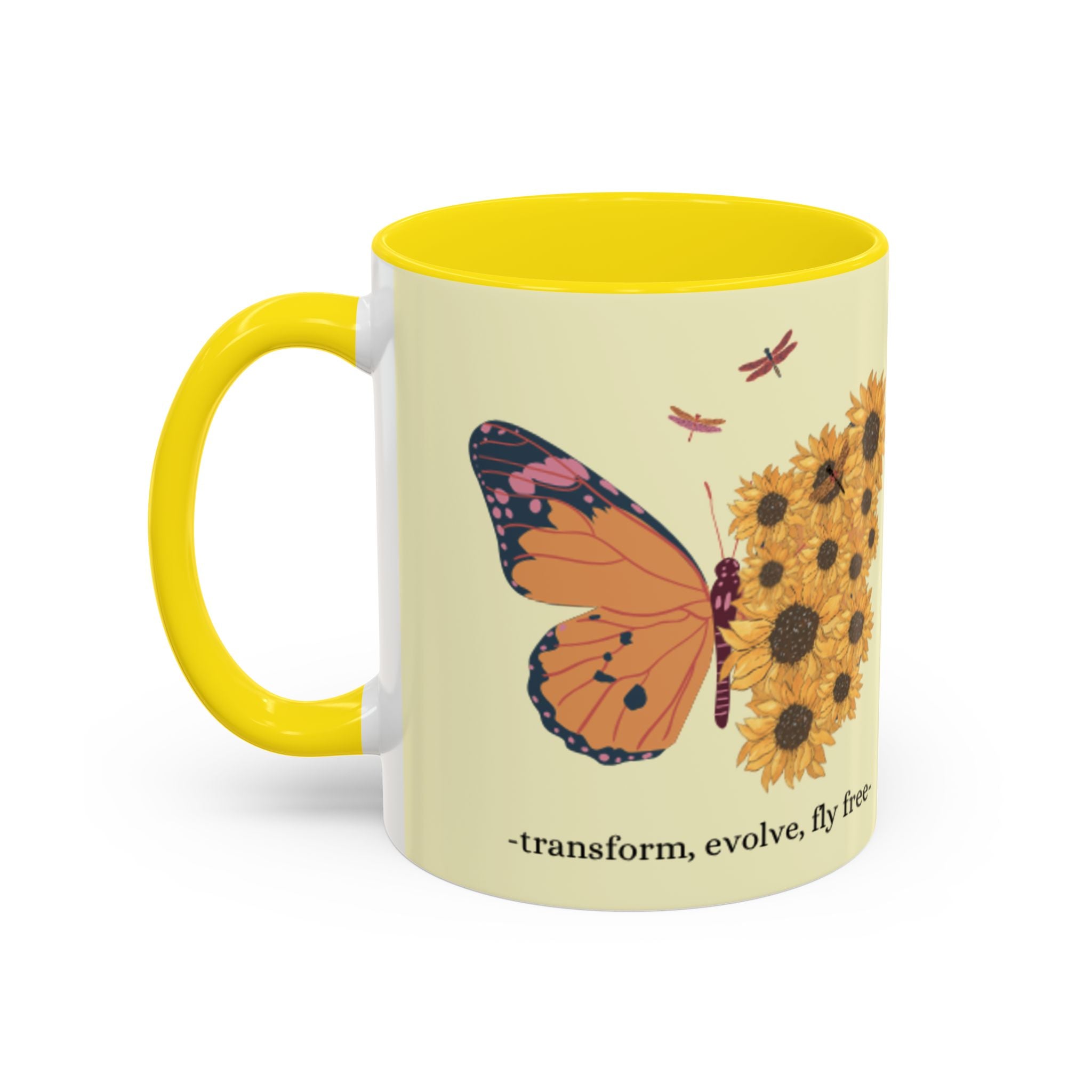 Sunflower Heart Coffee Mug — "Live Wild, Fly Free" Accent Ceramic Mug