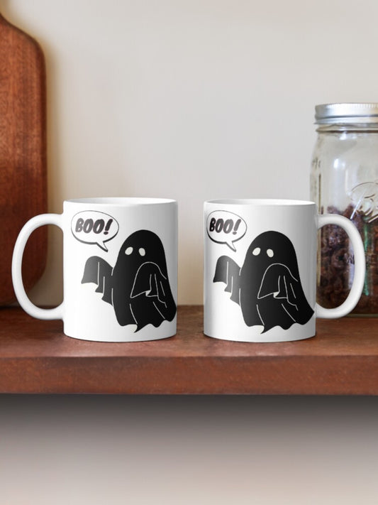 Cute Ghost Coffee Mug – 'Boo!' Halloween Ceramic Mug (11oz & 15oz)