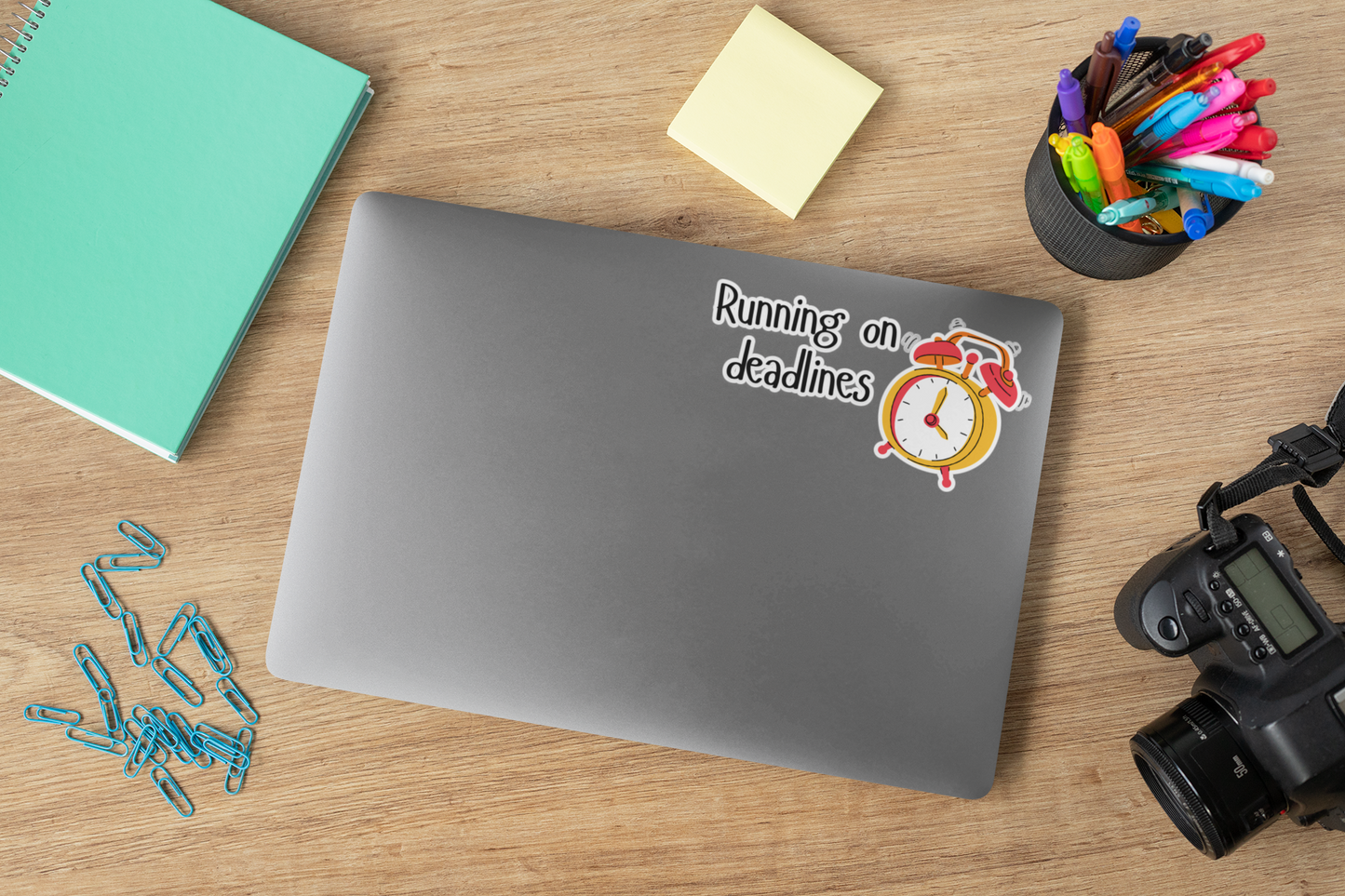 Running on Deadlines Sticker — Cute Alarm Clock Laptop Decal for Students & Professionals