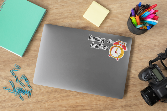 Running on Deadlines Sticker — Cute Alarm Clock Laptop Decal for Students & Professionals