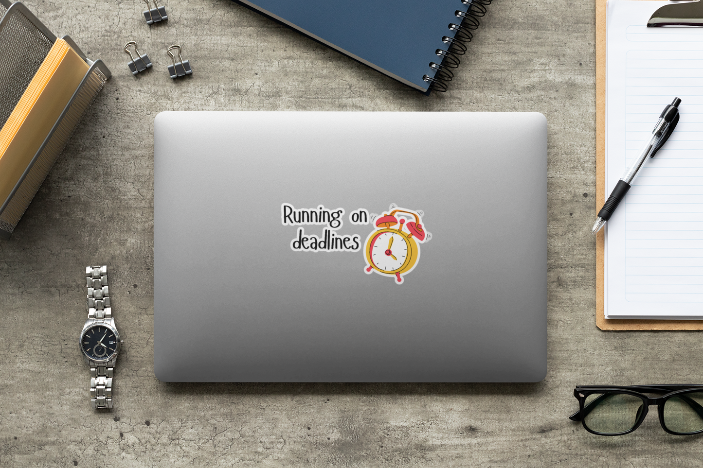 Running on Deadlines Sticker — Cute Alarm Clock Laptop Decal for Students & Professionals