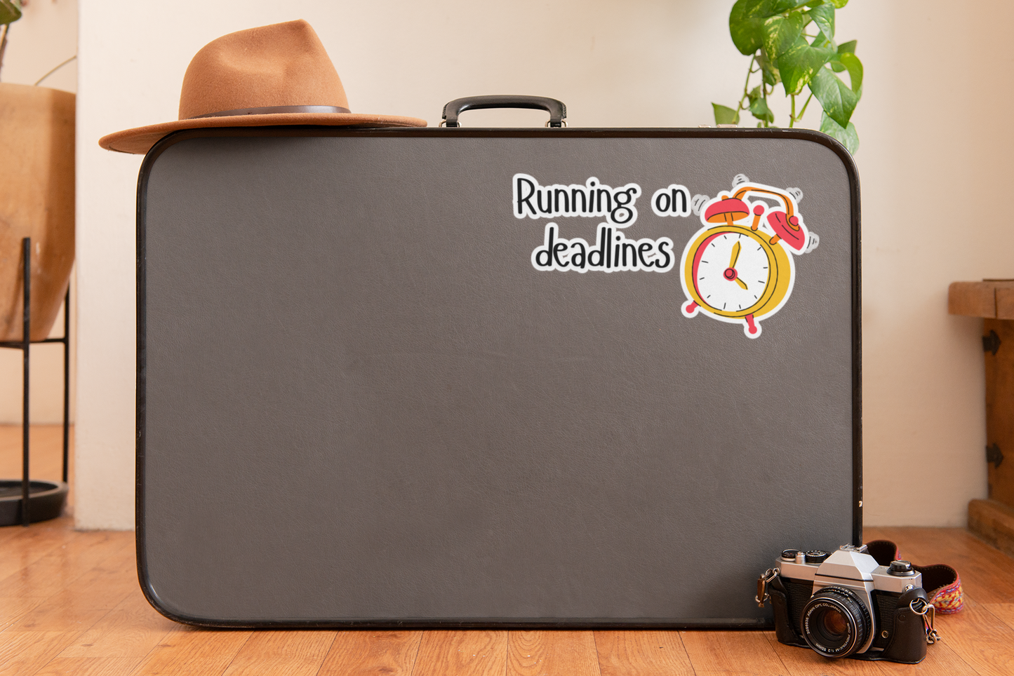 Running on Deadlines Sticker — Cute Alarm Clock Laptop Decal for Students & Professionals