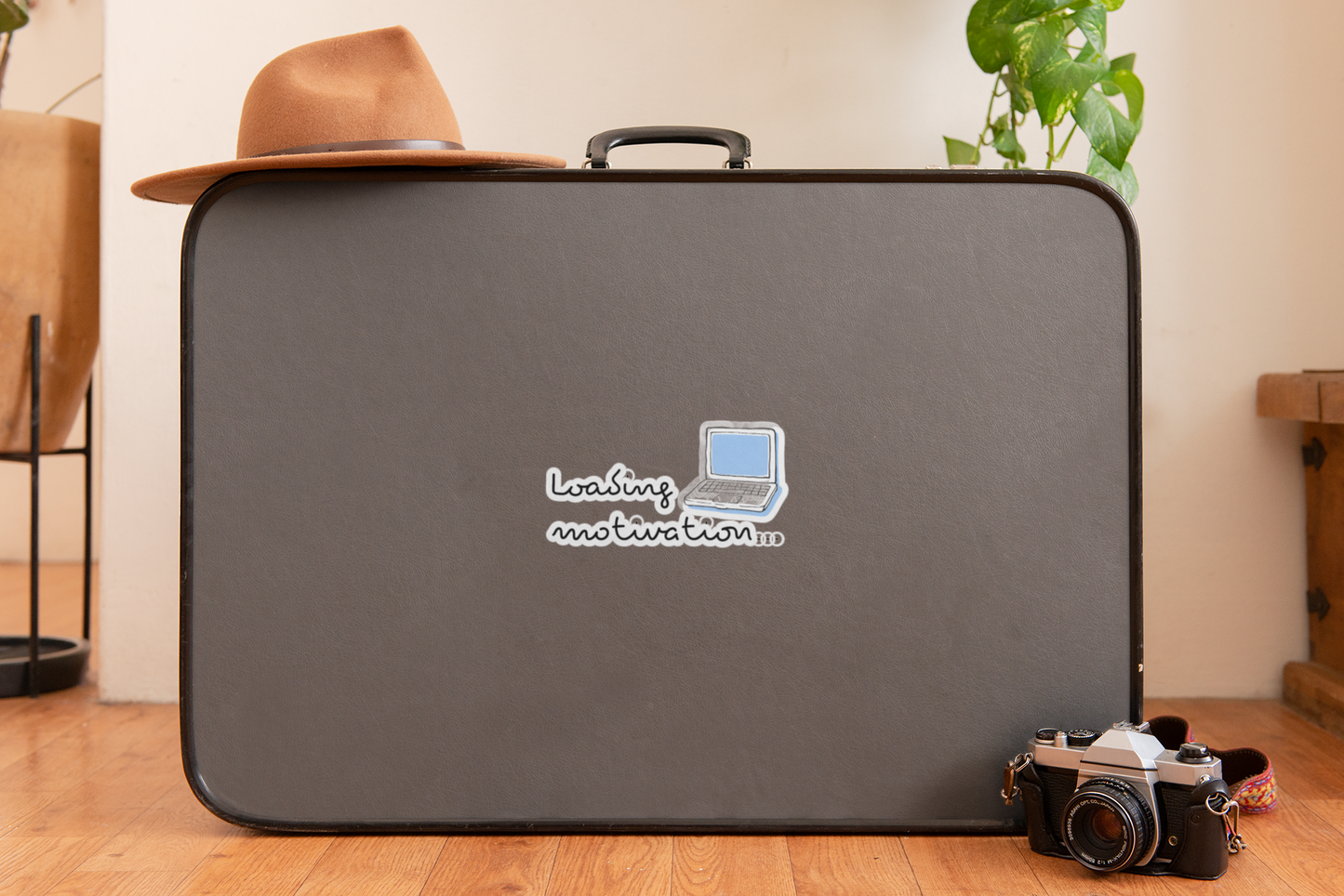 Sticker — 'Waiting Motivation...' Laptop Sticker (Cute Blue Retro Laptop)