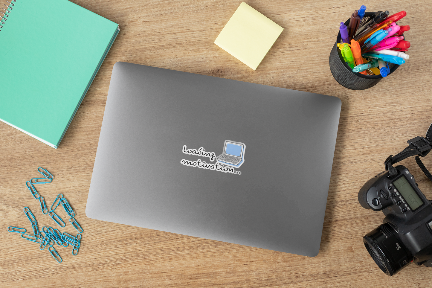 Sticker — 'Waiting Motivation...' Laptop Sticker (Cute Blue Retro Laptop)