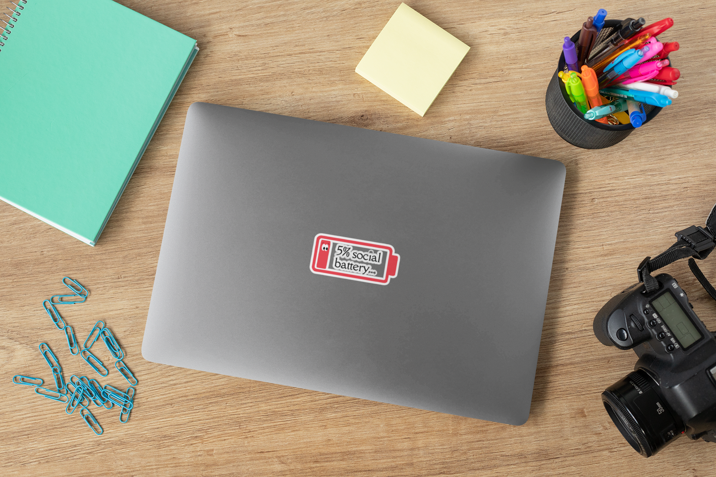 Sticker — “5% Social Battery” Low Battery Funny Laptop Decal