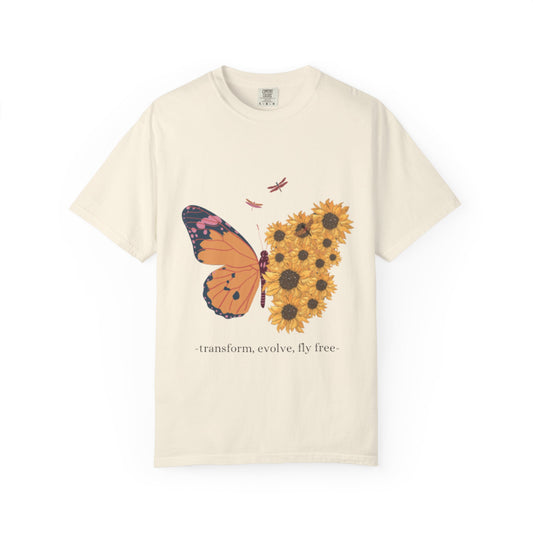 Butterfly & Sunflower T-Shirt — "transform, evolve, fly free" Inspirational Tee