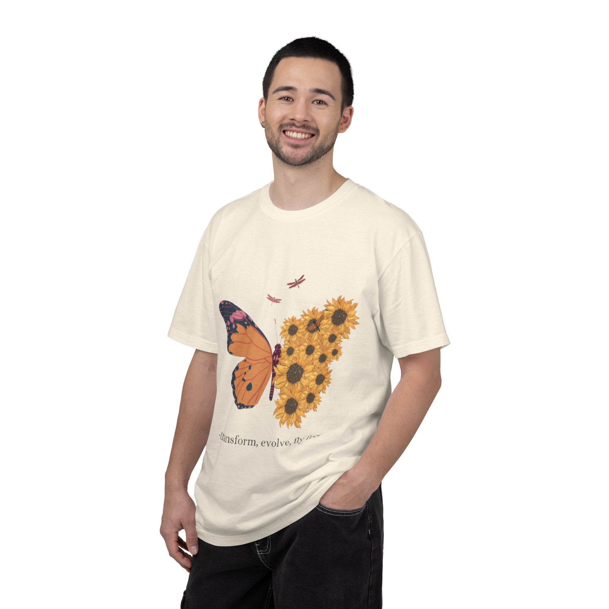Butterfly & Sunflower T-Shirt — "transform, evolve, fly free" Inspirational Tee