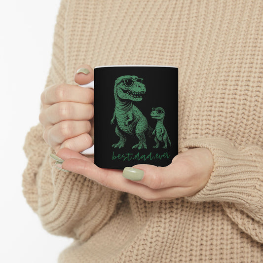T-Rex Dad and Baby Dinosaur Ceramic Mug — "Best Dad Ever" Green Sketch Coffee Cup