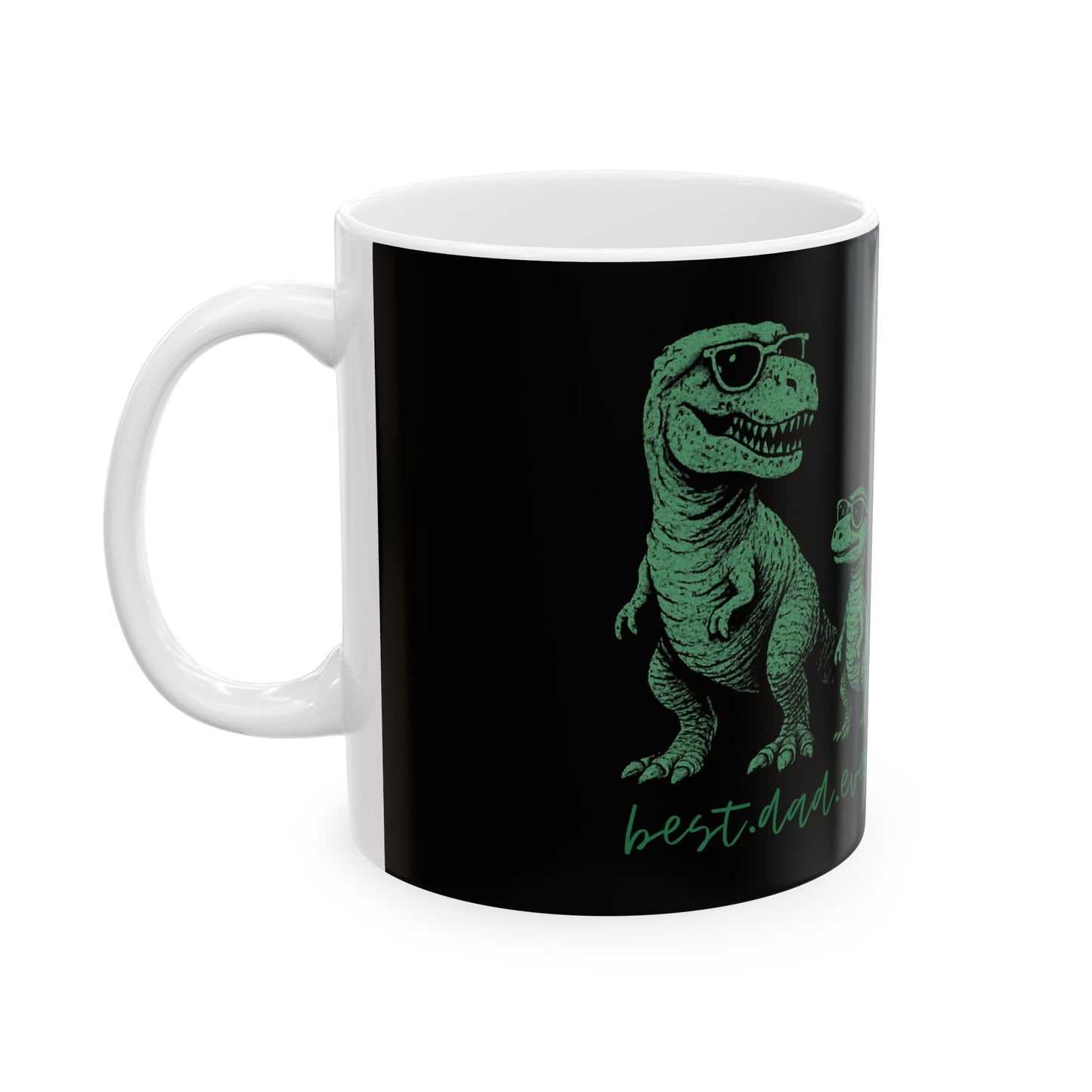 T-Rex Dad and Baby Dinosaur Ceramic Mug — "Best Dad Ever" Green Sketch Coffee Cup