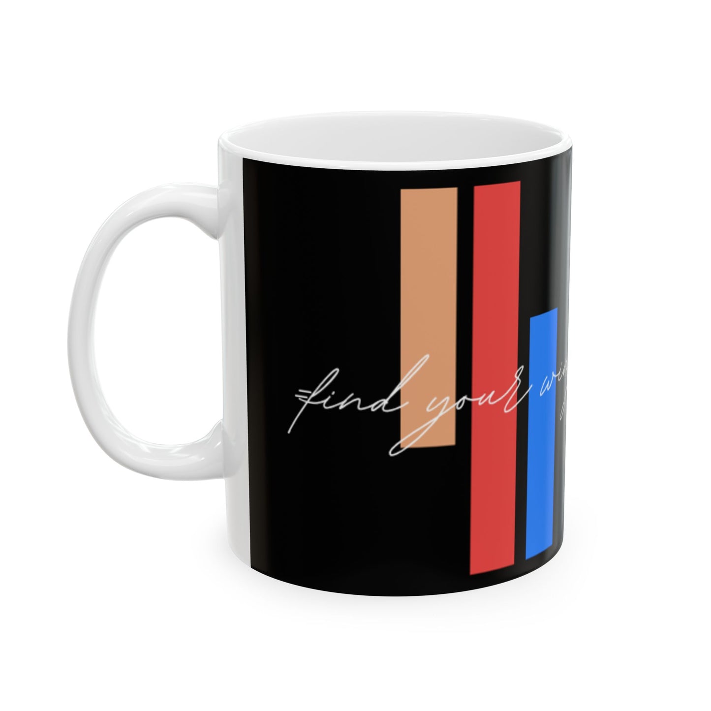 Minimalist Red & Blue Stripe mug | Script 'wings' on Black
