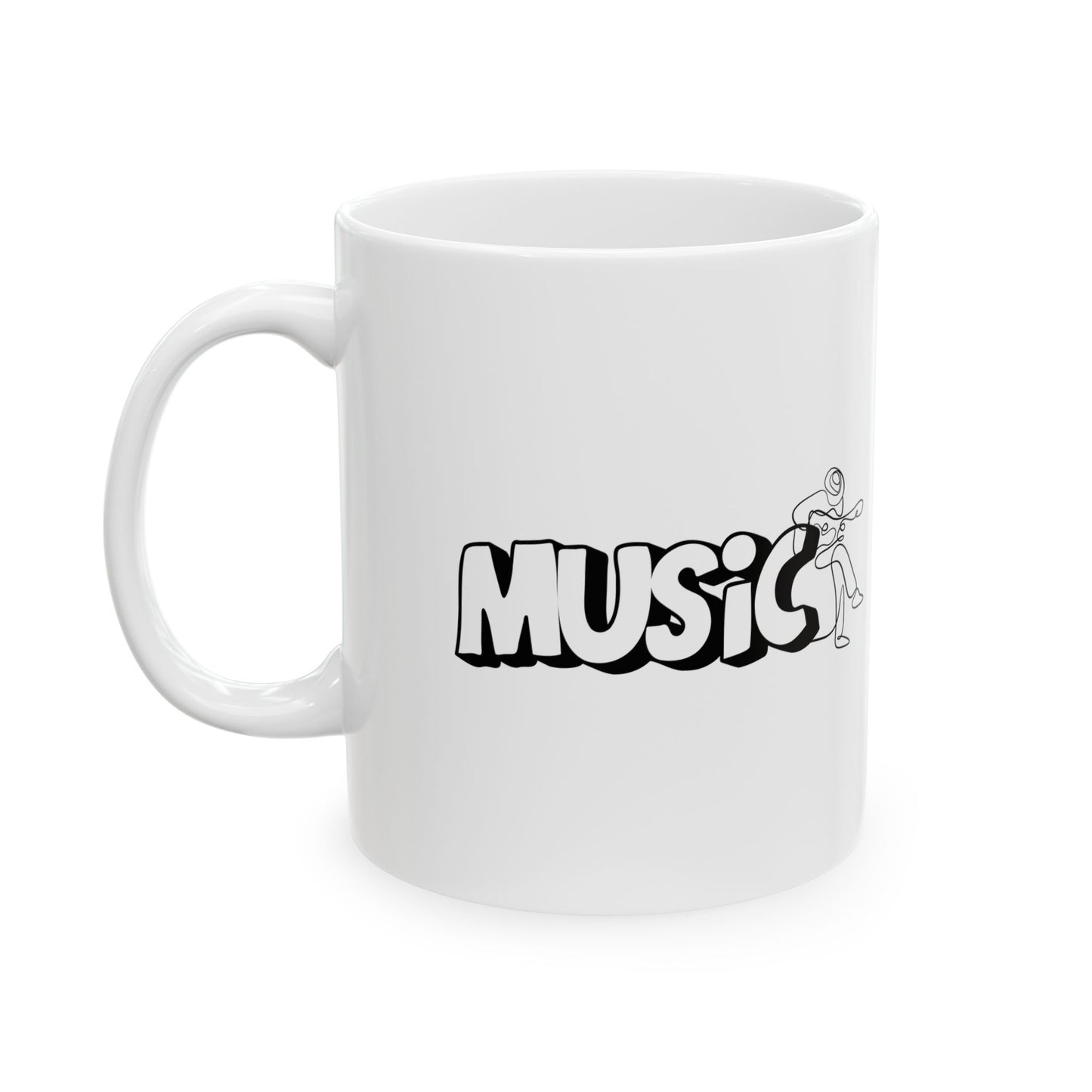 Music Lover Ceramic Mug — Retro 'Music' Graphic with Guitarist (11oz & 15oz)