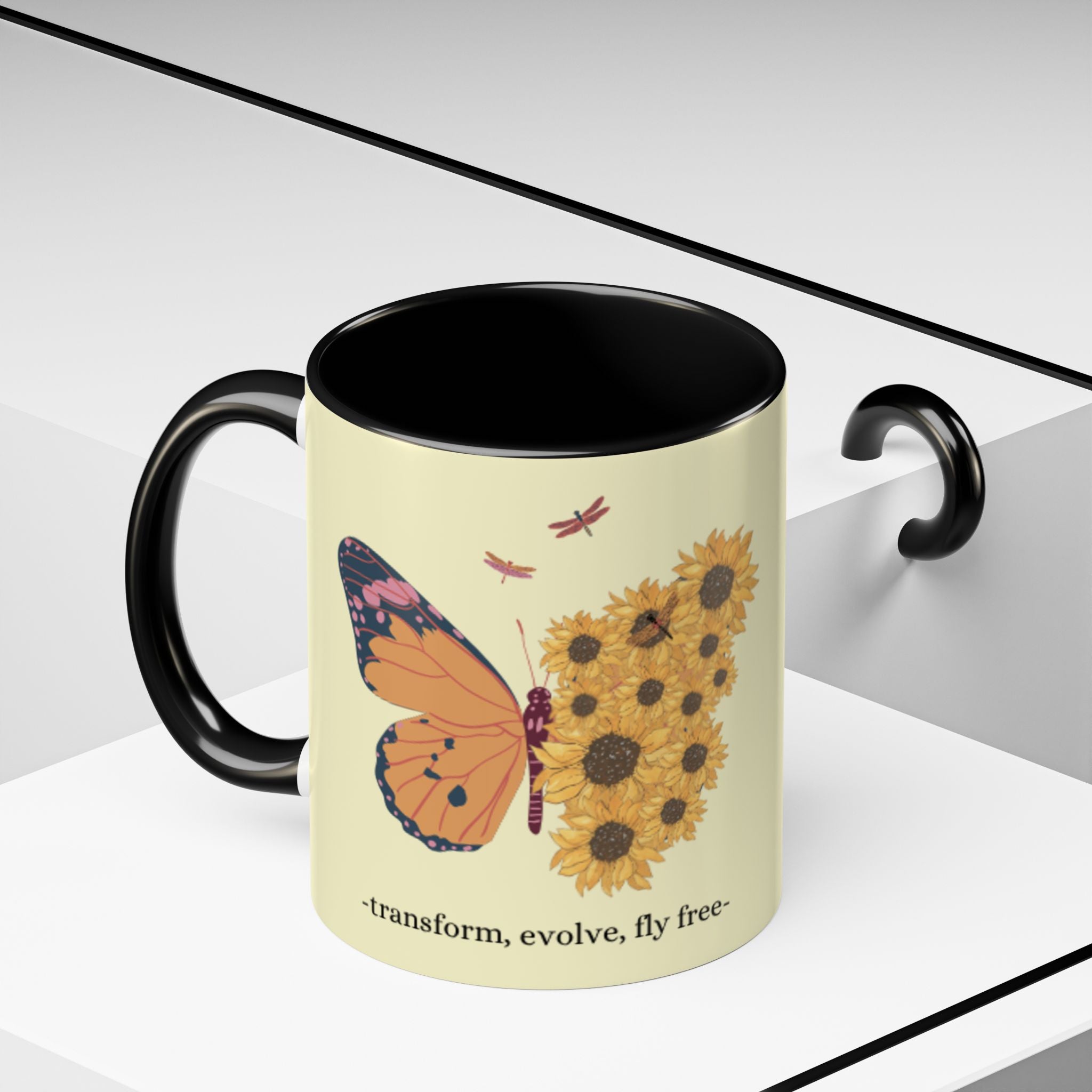 Sunflower Heart Coffee Mug — "Live Wild, Fly Free" Accent Ceramic Mug