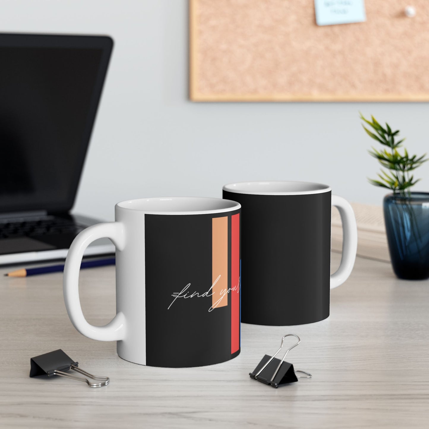 Minimalist Red & Blue Stripe mug | Script 'wings' on Black