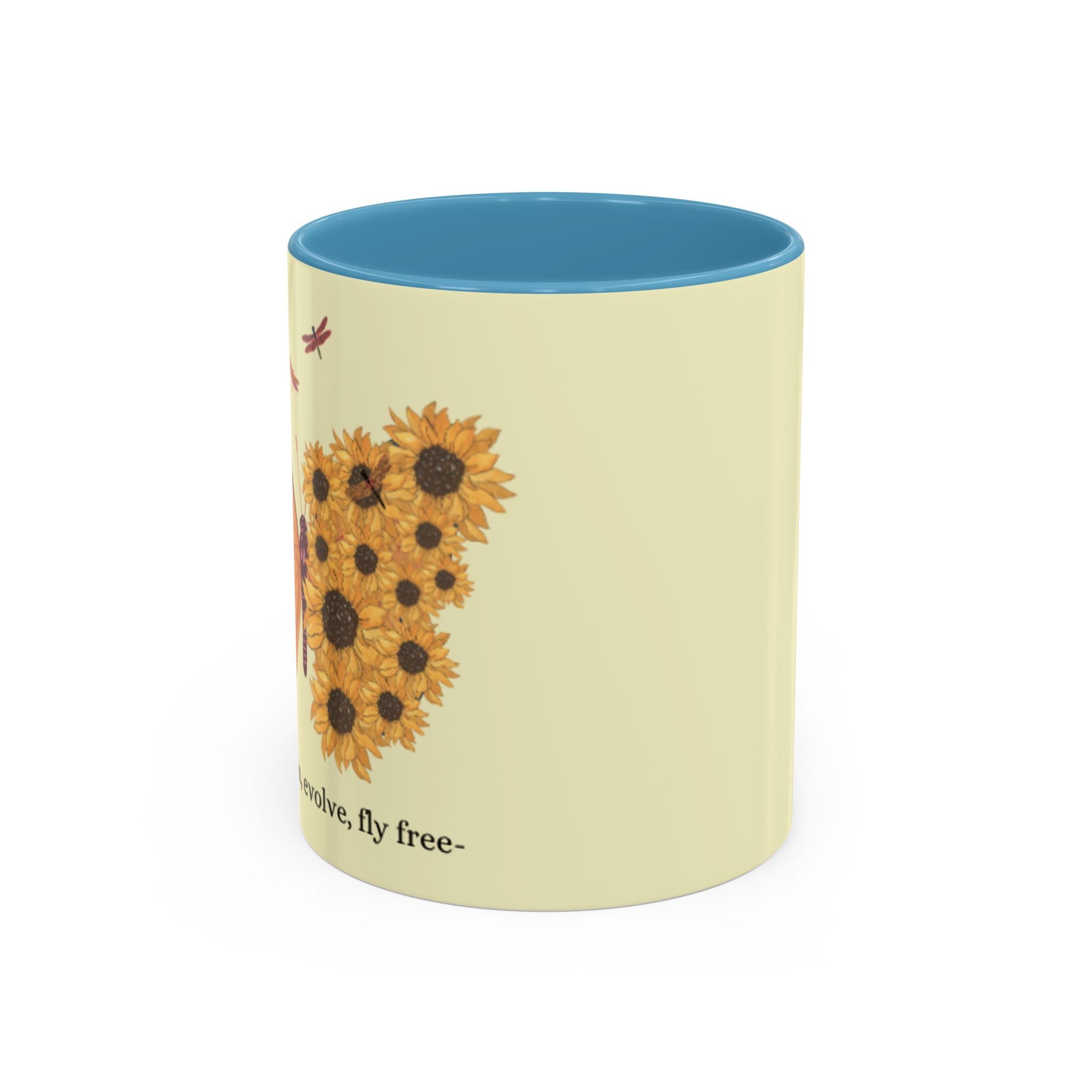 Sunflower Heart Coffee Mug — "Live Wild, Fly Free" Accent Ceramic Mug