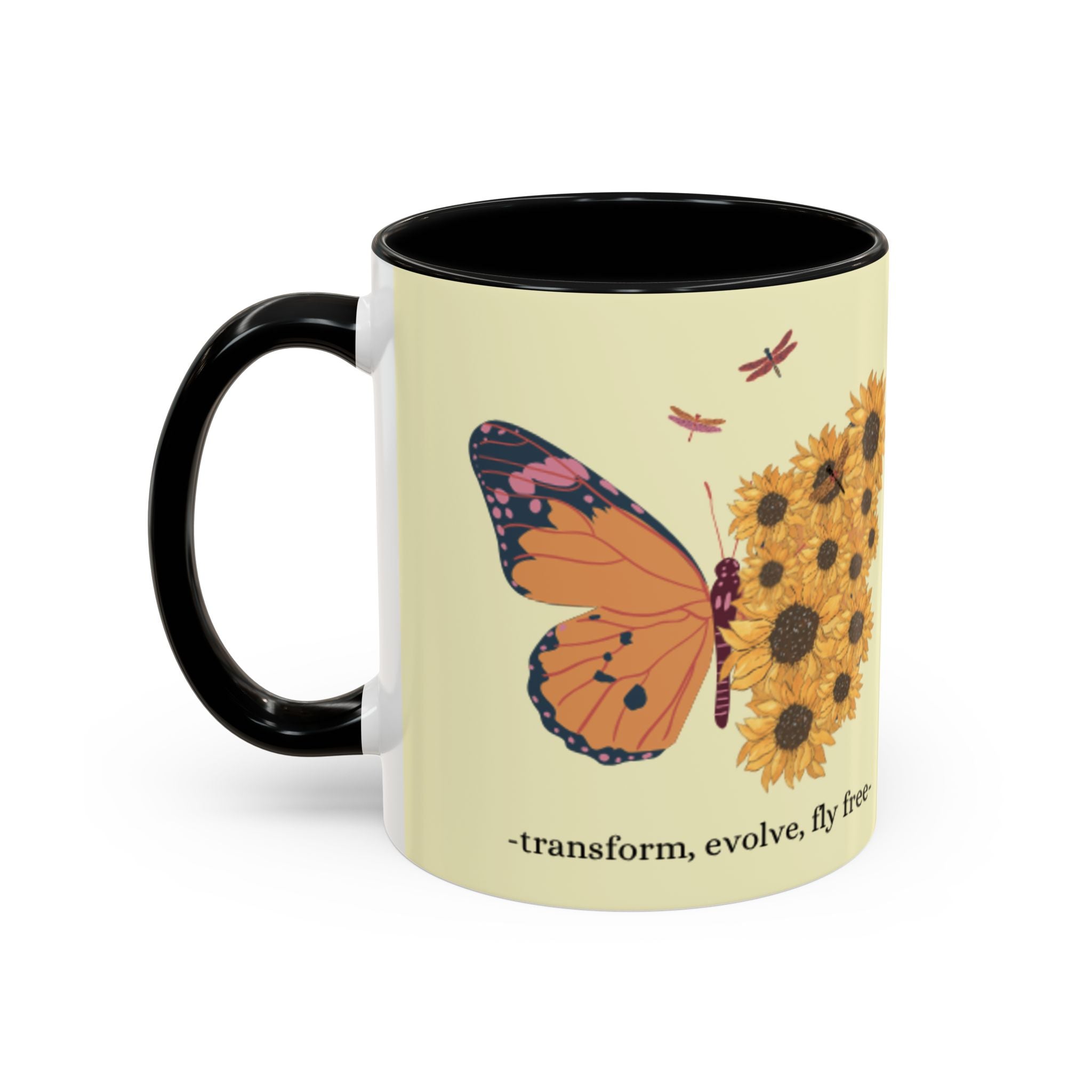 Sunflower Heart Coffee Mug — "Live Wild, Fly Free" Accent Ceramic Mug