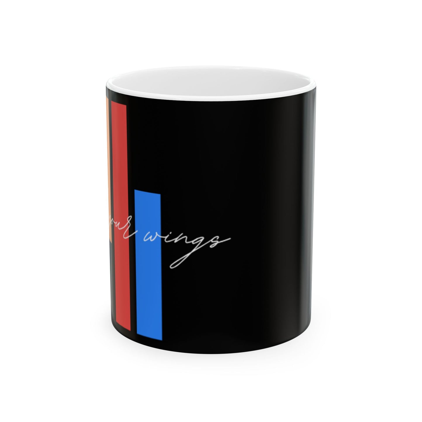 Minimalist Red & Blue Stripe mug | Script 'wings' on Black