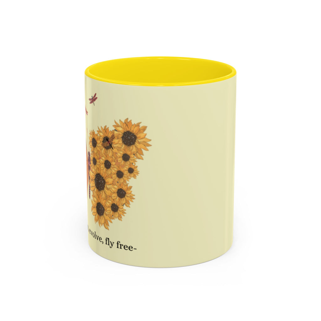 Sunflower Heart Coffee Mug — "Live Wild, Fly Free" Accent Ceramic Mug
