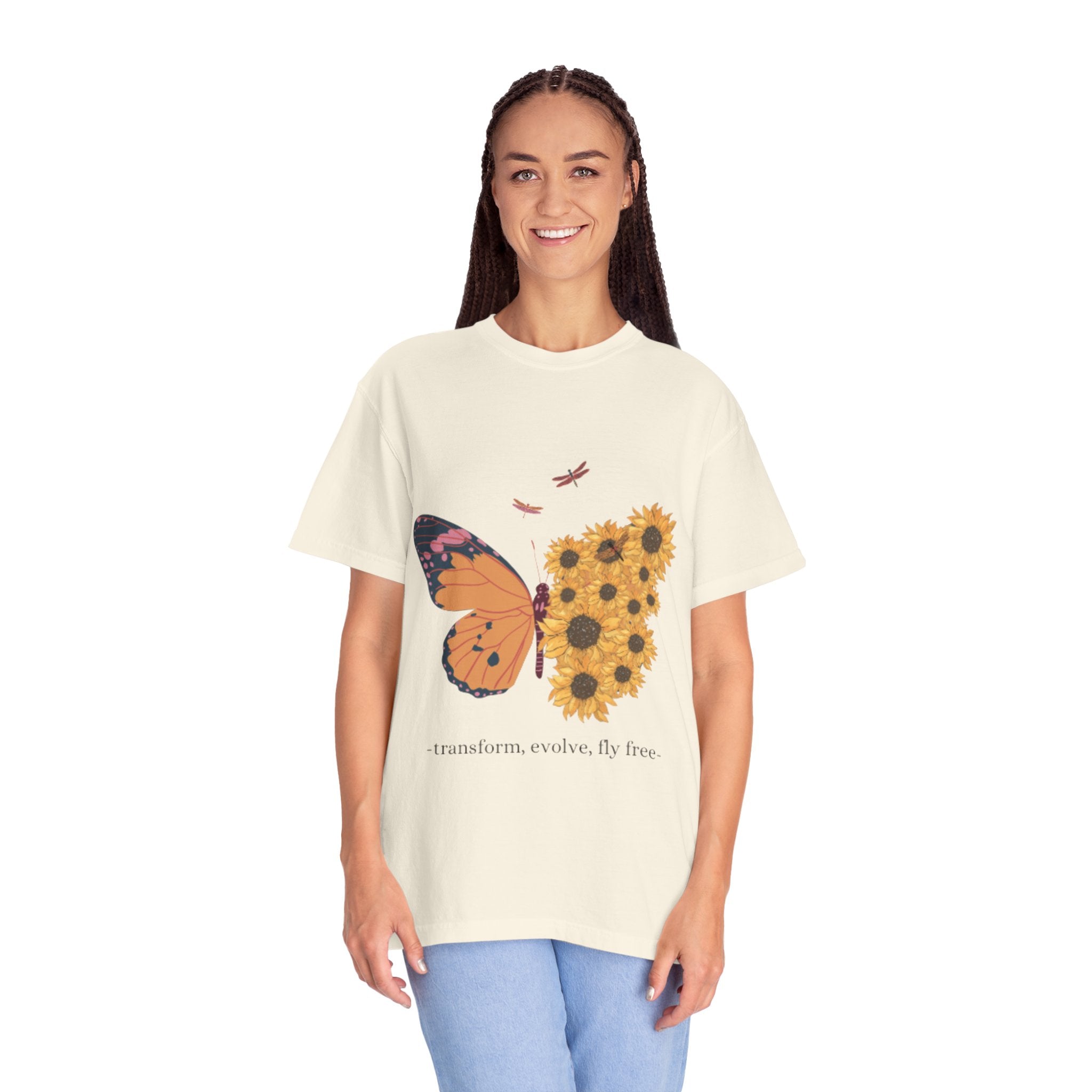 Butterfly & Sunflower T-Shirt — "transform, evolve, fly free" Inspirational Tee