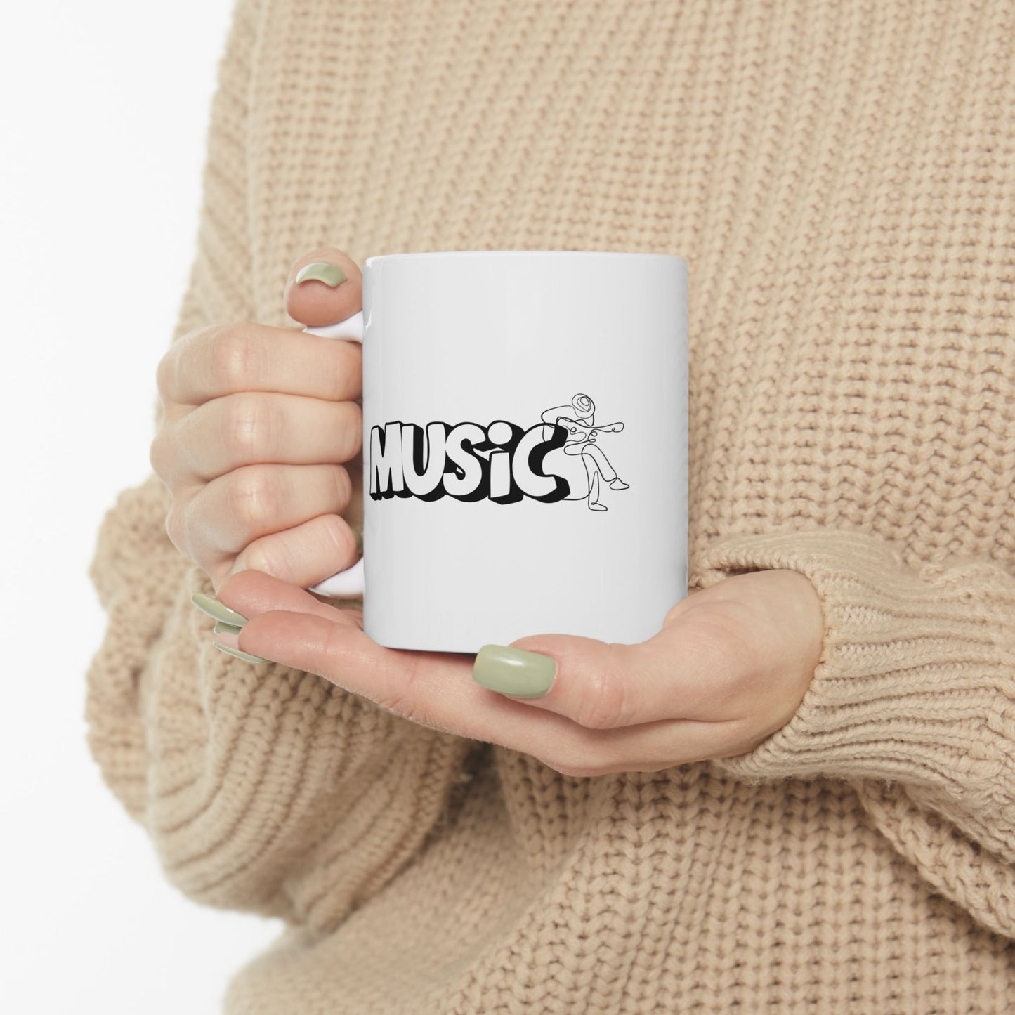 Music Lover Ceramic Mug — Retro 'Music' Graphic with Guitarist (11oz & 15oz)